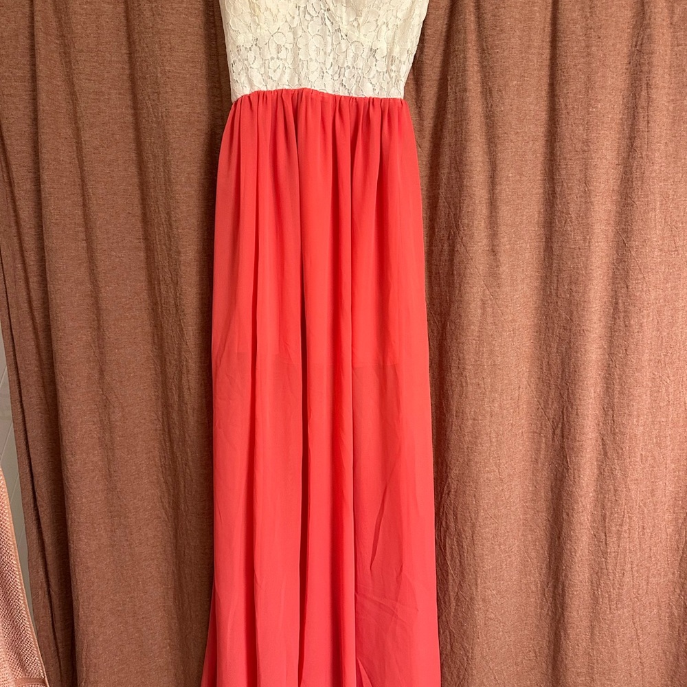 Elegant Coral and White Lace Maxi Dress